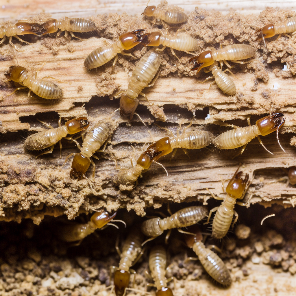 Termite control services and a close-up image of termites damaging a wood